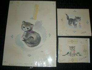 BIRTHDAY Cute Grey Kitten Candle Ribbon 3pcs 6.5x8.75 Greeting Card Art #69562