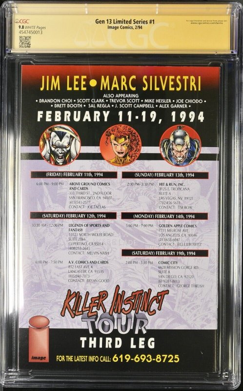 Gen 13 Limited series (1994) # 1 (CGC 9.8 SS) Signed Jim Lee * Image Comics