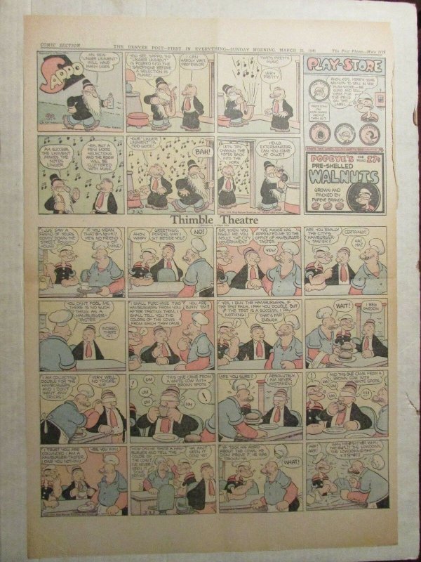 1941 March 23 SUNDAY COMIC PAGE 15x21 FN 6.0 Popeye / Skippy / Always Belittlin