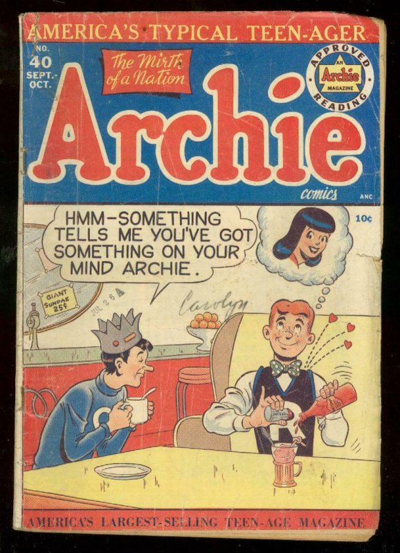 ARCHIE COMICS #40 1944-BETTY & VERONICA-JUGHEAD-SODA SH G/VG