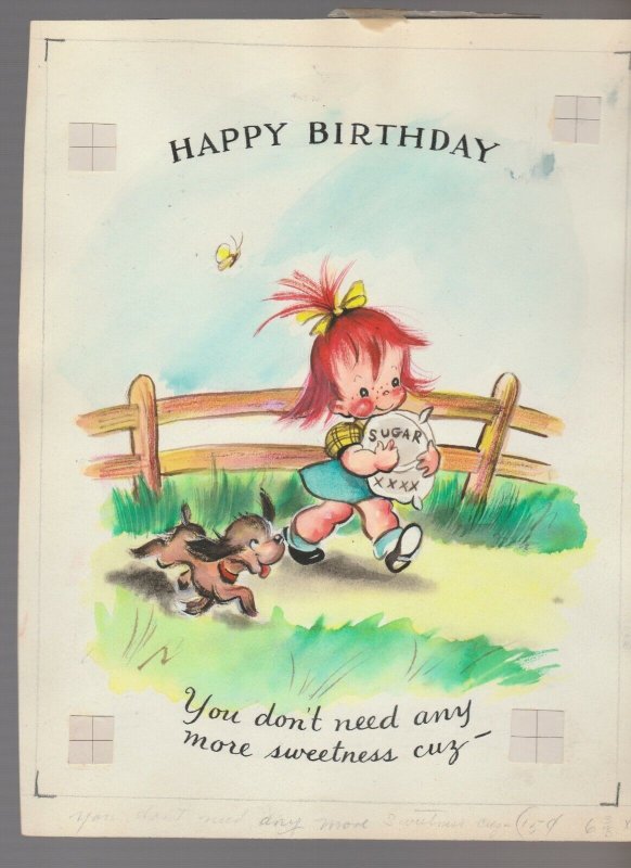 BIRTHDAY Cute Red Haired Girl w/ Sugar Puppy 2pcs 7x9 Greeting Card Art #B1144