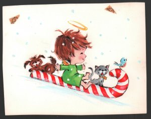 Angel w Animals on Candy Cane Sled #363 Christmas Greeting Card Painted Art
