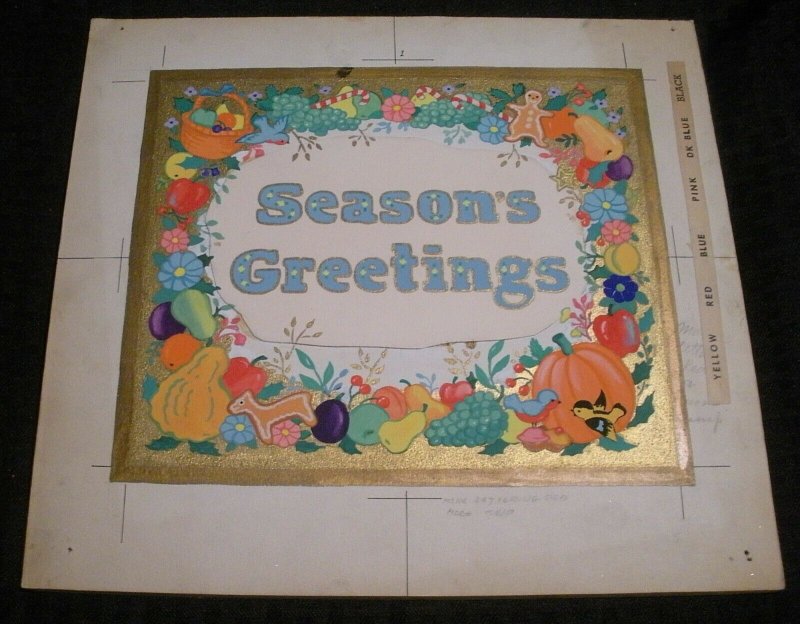 MERRY CHRISTMAS Seasons Greetings w/ Fruit Border 12x11 Greeting Card Art #5