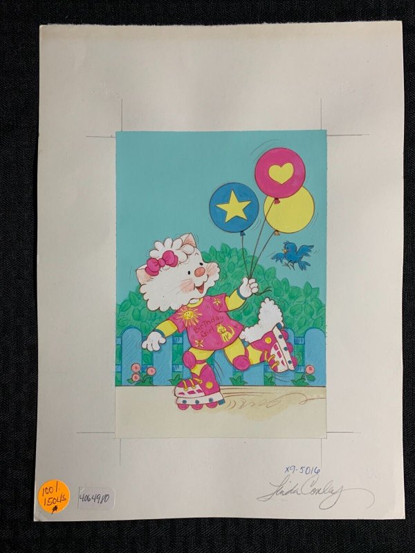 BIRTHDAY Cartoon Kitten w/ Balloons Roller Blades 9x12 Greeting Card Art #5016