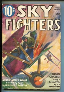 SKY FIGHTERS 1/1938-AIR WAR PULP-THRILLS-FLAMING BI-PLANE COVER-vg