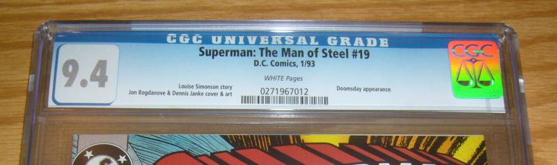 Superman: the Man of Steel #19 CGC 9.4 early doomsday cover - dc comics 1993 1st