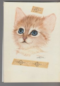 BIRTHDAY WISHES Cute Kitten w/ Blue Eyes 5x6.5 Greeting Card Art #B8431