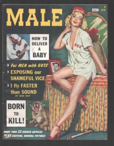 MAG: Male 7/1950-painted pin-up girl cover-Red Sox jersey-cheesecake-moon tra...