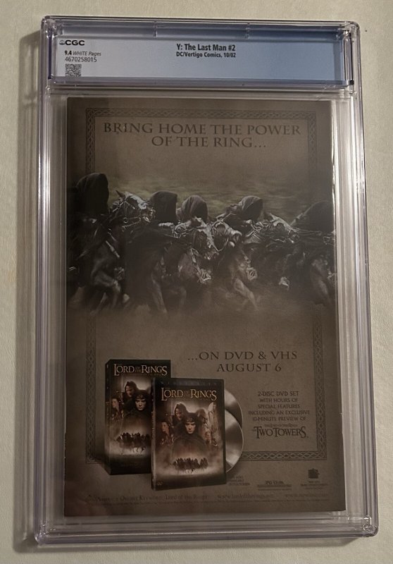 Y The Last Man #2 CGC 9.4 White Pages Brian K Vaughan 2002