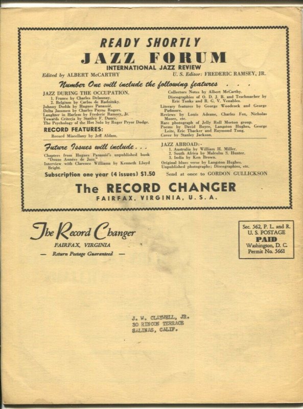 Record Changer 7/1945-jazz & music info for collectors & fans-buy/sell ads-VG