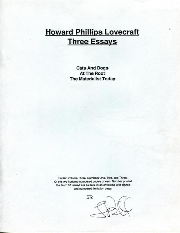 H P LOVECRAFT 3 ESSAYS, VF/NM, 1986, rare, Fubar Vol 3 #1 2 3, Limited #58, set