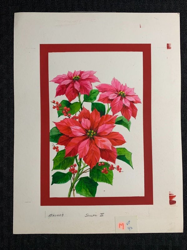 CHRISTMAS Poinsettias & Red Border 8x10.5 Greeting Card Art #X0029 w/ 4 Cards