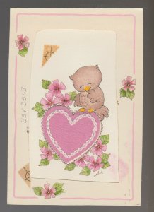 VALENTINES Cartoon Owl w/ Fabric Heart & Flowers 4.5x6 Greeting Card Art #V3513