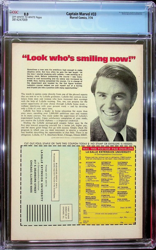 Captain Marvel #33 (1974) - CGC 8.0 - Cert#3814247009