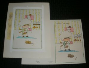 BIRTHDAY Cute Boy & Kitten Baking Cake 6.5x8.5 Greeting Card Art #8375