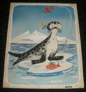 SEA LION WALRUS w/ Flower & Jumping Fish 6x7.5 Greeting Card Art #B504