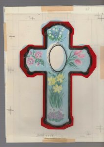 AN EASTER PRAYER Gold/Blue Cross with Flowers 7x9 Greeting Card Art #E2828