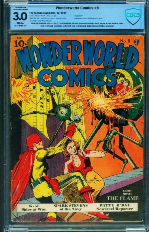 WONDERWORLD #8 CBCS 3.0-Restored-THE FLAME-YARKO-DR. FUNG-1939-LOU FINE-RARE