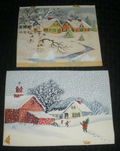 CHRISTMAS Winter Landscape Barn & Kids Snow 2pcs 6x4.5 Greeting Card Art #30010