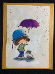 GET WELL SOON Cute Girl w/ Umbrella & Kitten 7.5x10.5 Greeting Card Art C9655