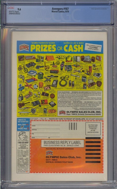 AVENGERS #187 CGC 9.6 NEWSSTAND WHITE PAGES