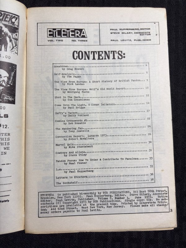 1973 ETCETERA 44pg Fanzine #3 VG 4.0 Dracula Cover / Moench Monsters Unleashed