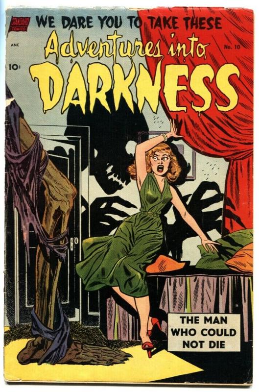 ADVENTURES INTO DARKNESS #10 1953-Hanging panels-Headlight skeleton menace cvr