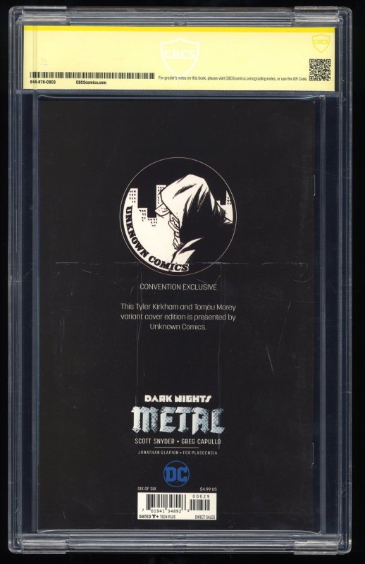 Dark Nights: Metal #6 CBCS NM+ 9.6 Signed by Kirkham! Unknown Comics Variant