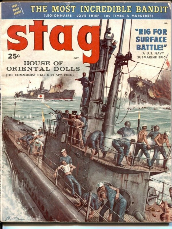 Stag  7/1958 -Mort Kunstler submarine attack cover-James Bama-Tom Ryan-VG 