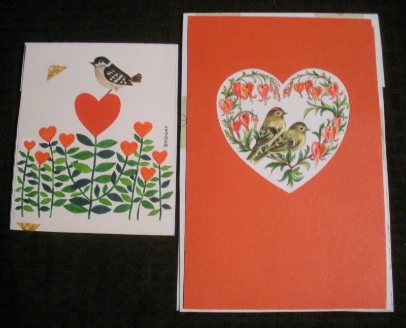 VALENTINE Brown Birds Red Hearts Flowers 2pcs 5.5x8 Greeting Card Art #3417 3509