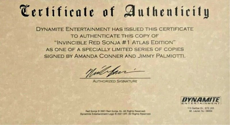 INVINCIBLE RED SONJA #1 ATLAS SIGNATURE SERIES AMANDA CONNER COVER W/COA NM 2021