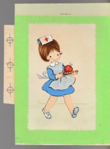GET WELL SOON Cute Nurse Girl w/ Apple 5.5x7.5 Greeting Card Art #C6572