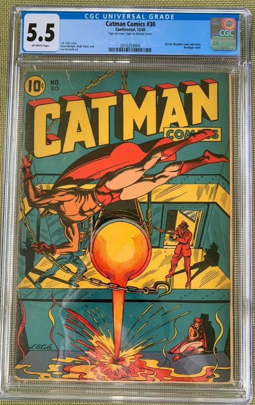 Catman Comics #30 (1945) CGC 5.5 -- L. B. Cole bondage cover; Dr. Macabre story