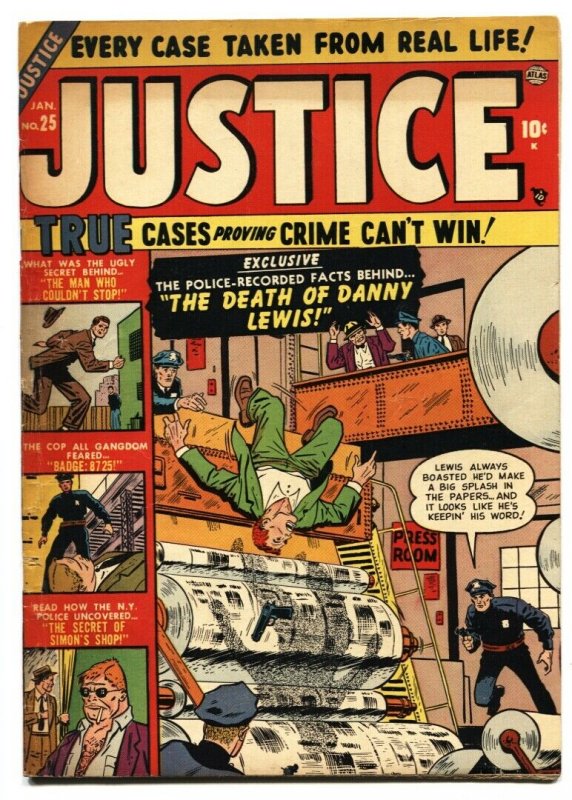 Justice #25 1952- Atlas golden age crime-Man crushed on cvr