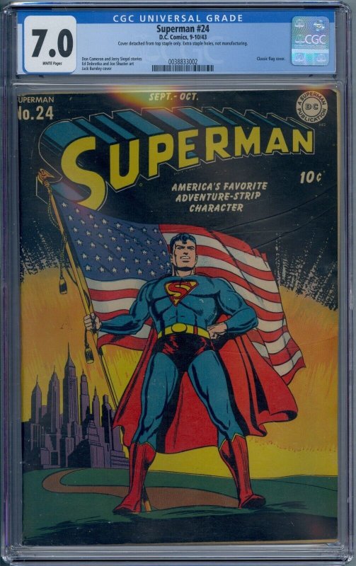 SUPERMAN #24 CGC 7.0 CLASSIC FLAG COVER JACK BURNLEY WHITE PAGES