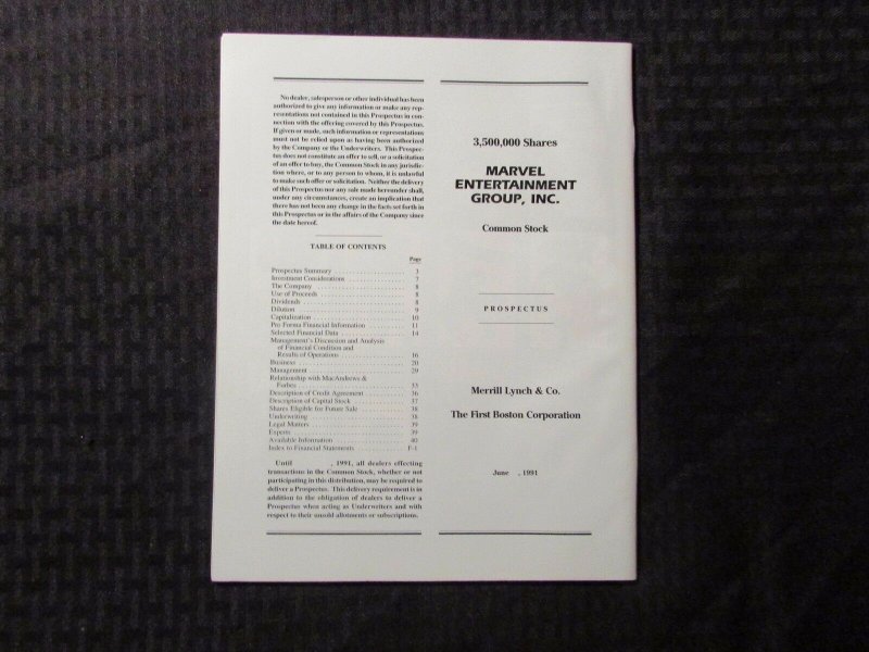 1991 MARVEL ENTERTAINMENT GROUP Stock Prospectus VF 8.0