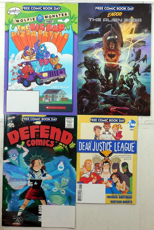 FCBD Mixed Lot 4 #Wolfie Monster, Alien Saga, Defend, Dear Justice League Comics