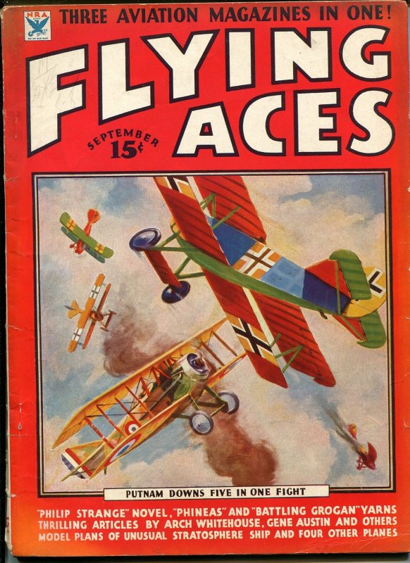 Flying Aces 9/1934- bedsheet edition-WWI aviation pulp thrills-rare-VG