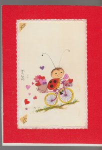 VALENTINES Cartoon Ladybug on Bicycle w/ Hearts 5.5x7.5 Greeting Card Art #V3514