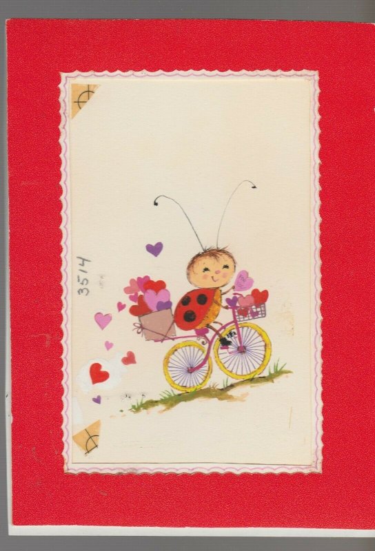 VALENTINES Cartoon Ladybug on Bicycle w/ Hearts 5.5x7.5 Greeting Card Art #V3514