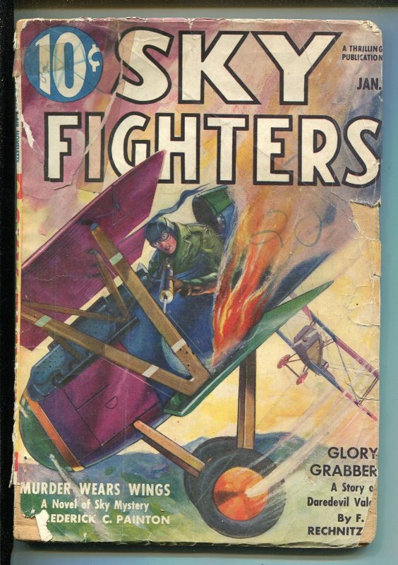 SKY FIGHTERS 1/1938-AIR WAR PULP-THRILLS-FLAMING BI-PLANE COVER-good