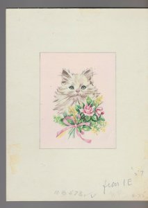 BIRTHDAY WISHES Beautifil White Cat w/ Pink Flowers 7x10 Greeting Card Art #B573