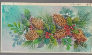 MERRY CHRISTMAS Pine Cones w Red White Berries 4.5x8.5 Greeting Card Art #157