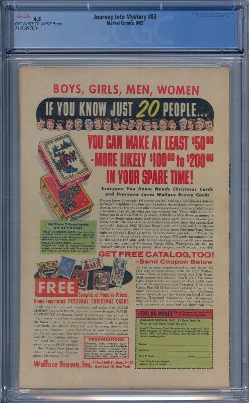 JOURNEY INTO MYSTERY #83 CGC 4.5 1ST THOR BEAUTIFUL! 