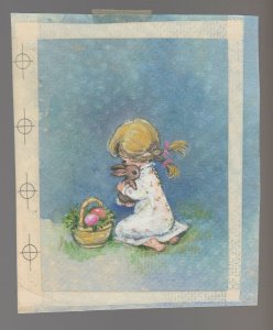 HAPPY EASTER Painted Girl Hugging Bunny Rabbit 5x6.25 Greeting Card Art #E2242