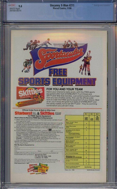 UNCANNY X-MEN #211 CGC 9.4 1ST MARAUDERS WHITE PAGES 