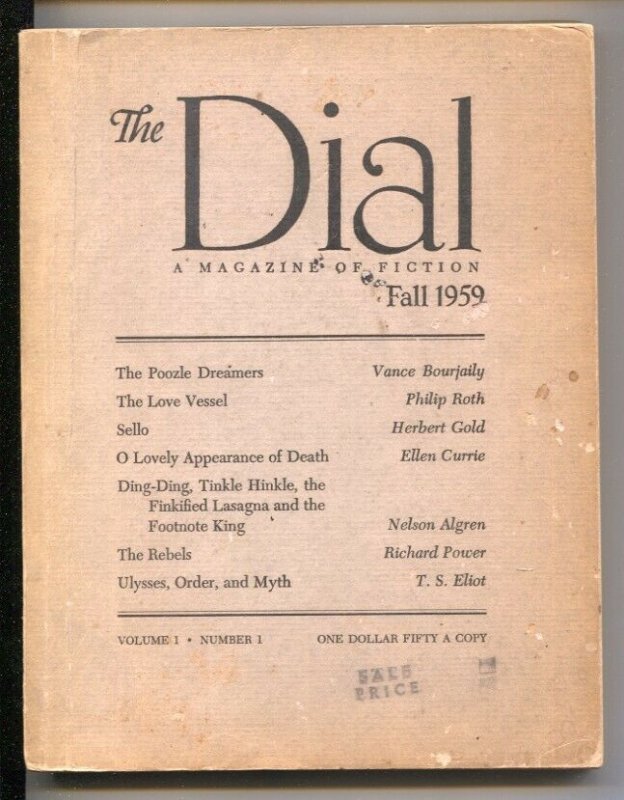 Dial #1 Fall !959-1st issue-Philip Roth-Nelson Algren-T.S. Eliot-pulp fiction-VG