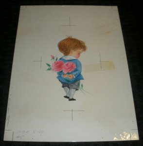 BIRTHDAY Cute Boy w/ 2 Pink Roses Behind Back 6.5x9 Greeting Card Art #5010