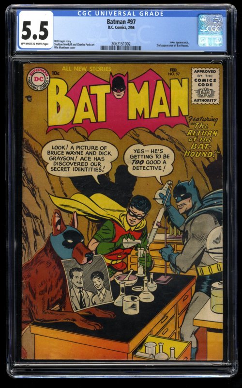 Batman #97 CGC FN- 5.5 Off White to White Joker Appearance.  2nd Bat-Hound!