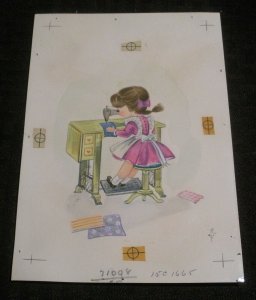 BIRTHDAY Cute Girl in Purple Dress & Sewing Machine 5x7 Greeting Card Art #1665